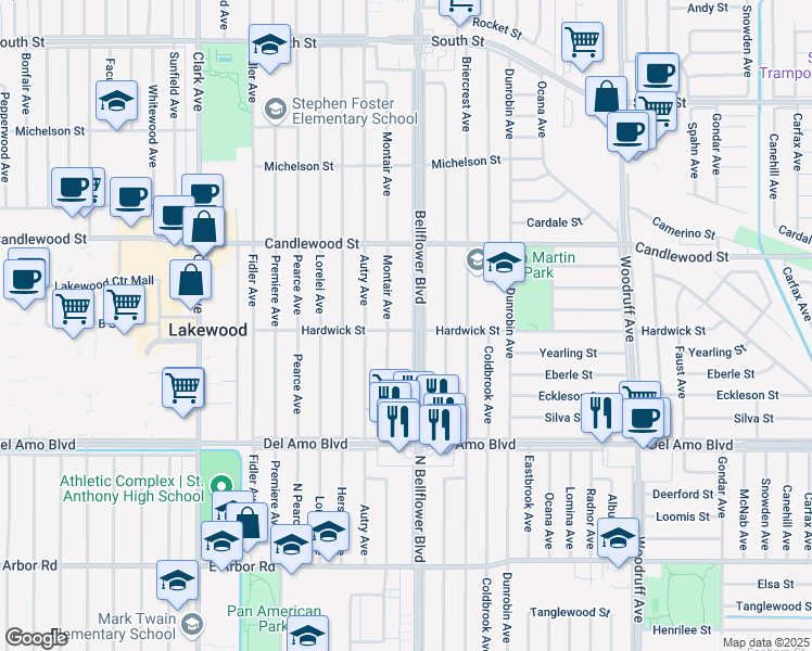 map of restaurants, bars, coffee shops, grocery stores, and more near in Lakewood