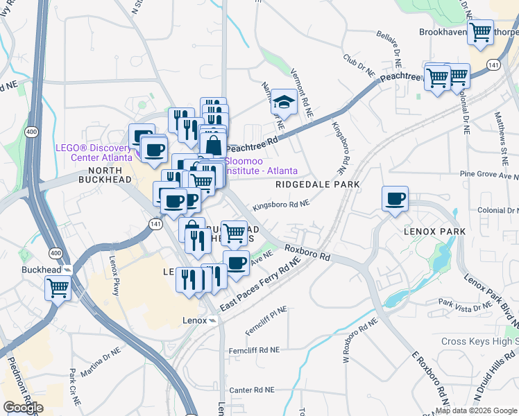 map of restaurants, bars, coffee shops, grocery stores, and more near 3511 Roxboro Road Northeast in Atlanta