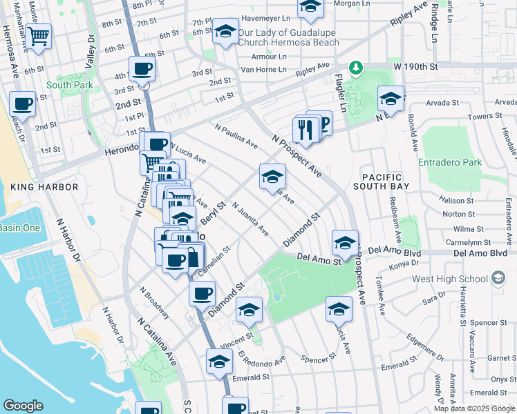 map of restaurants, bars, coffee shops, grocery stores, and more near 607 North Lucia Avenue in Redondo Beach