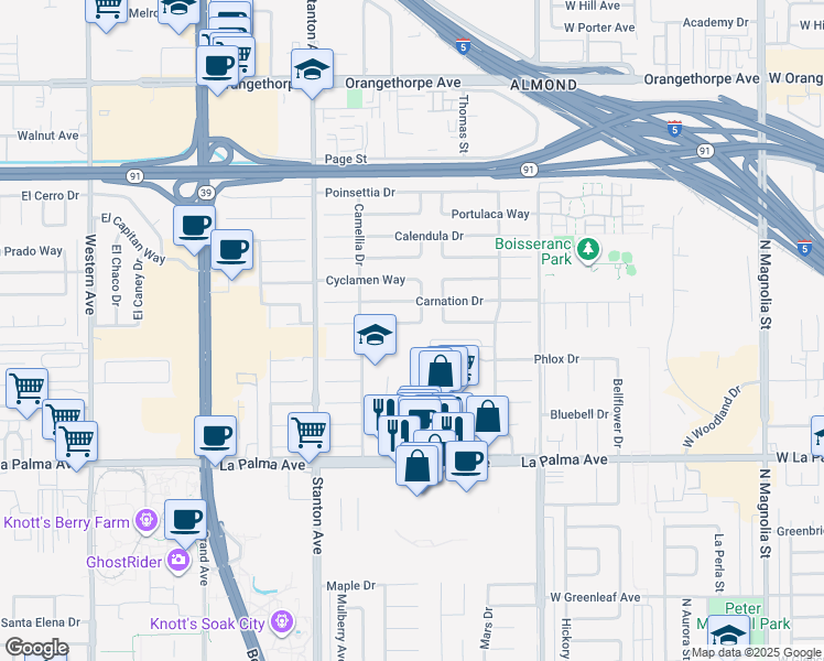map of restaurants, bars, coffee shops, grocery stores, and more near 8206 Clover Way in Buena Park