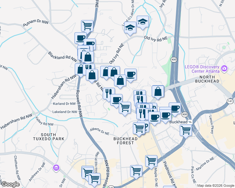 map of restaurants, bars, coffee shops, grocery stores, and more near 3525 Piedmont Road Northeast in Atlanta
