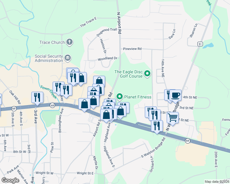 map of restaurants, bars, coffee shops, grocery stores, and more near 269-291 North Airport Road in Jasper