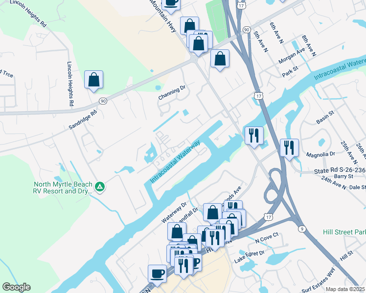 map of restaurants, bars, coffee shops, grocery stores, and more near 4530 North Plantation Harbour Drive in Little River