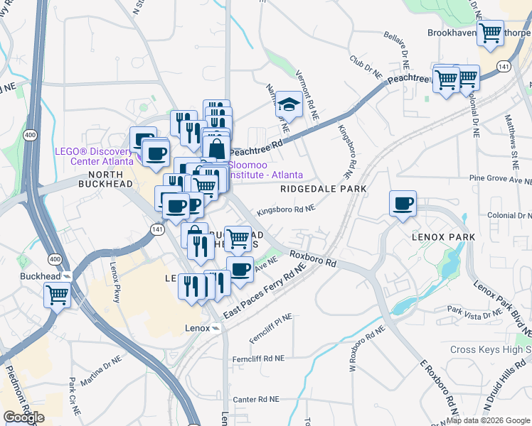 map of restaurants, bars, coffee shops, grocery stores, and more near 3511 Roxboro Road Northeast in Atlanta