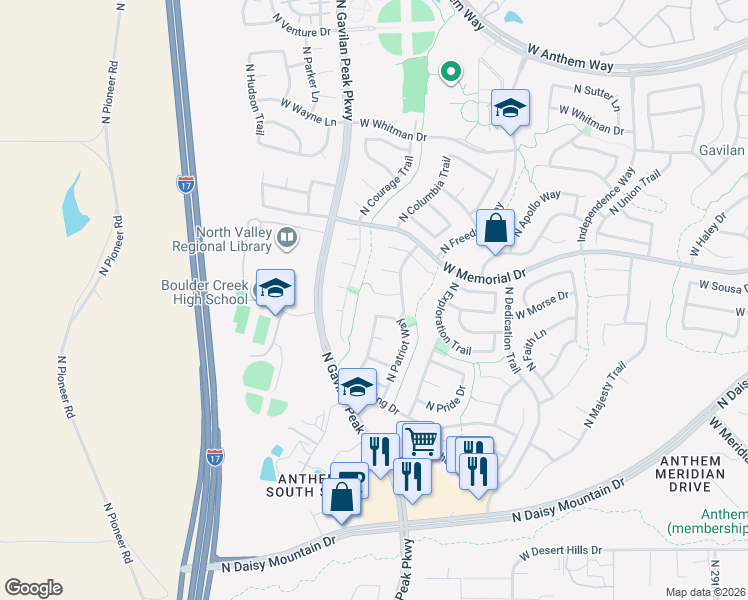 map of restaurants, bars, coffee shops, grocery stores, and more near 40232 North Courage Way in New River
