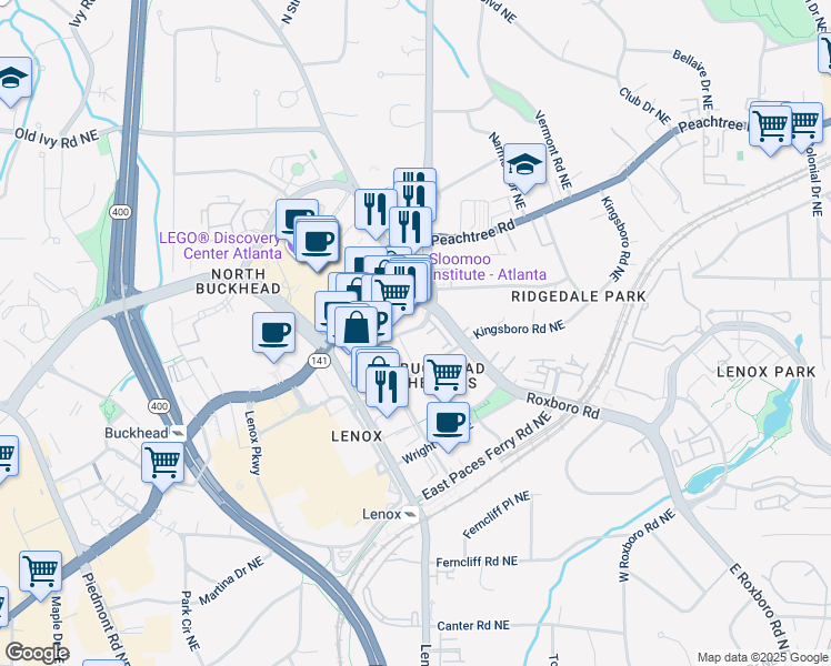 map of restaurants, bars, coffee shops, grocery stores, and more near 3460 Kingsboro Road Northeast in Atlanta