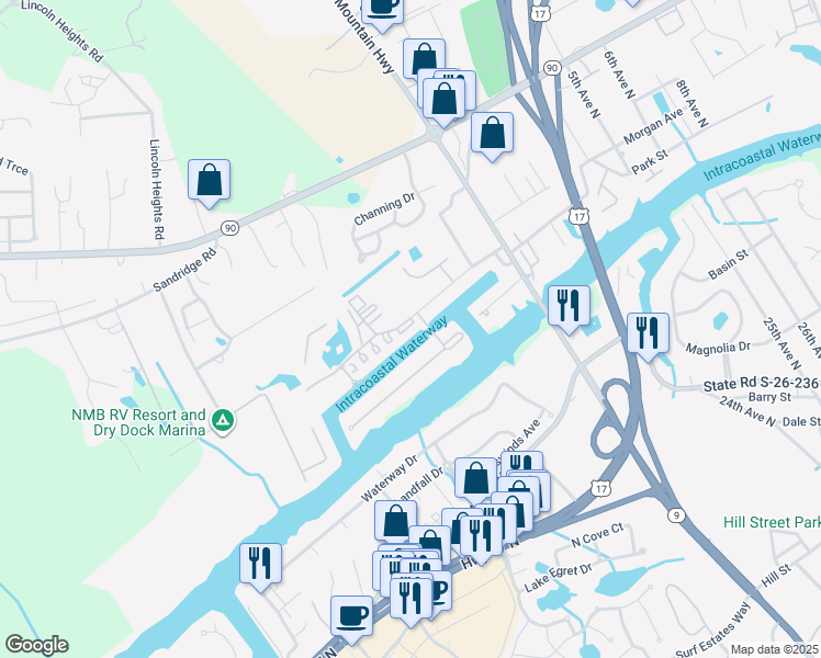 map of restaurants, bars, coffee shops, grocery stores, and more near 4530 North Plantation Harbour Drive in Little River