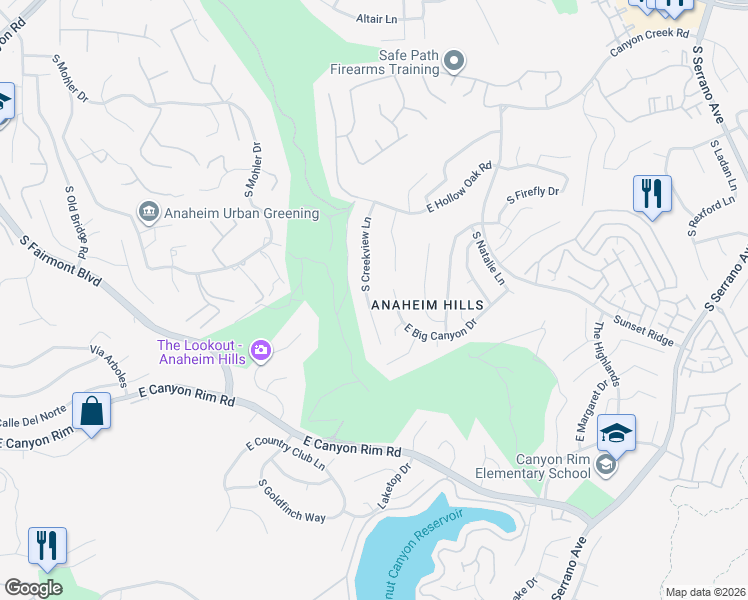map of restaurants, bars, coffee shops, grocery stores, and more near 7505 Toyon Lane in Anaheim