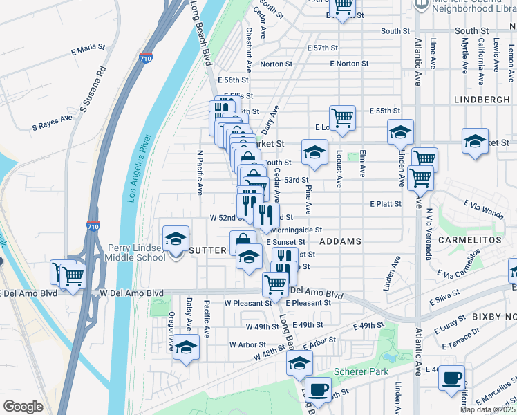 map of restaurants, bars, coffee shops, grocery stores, and more near 5230 Long Beach Boulevard in Long Beach