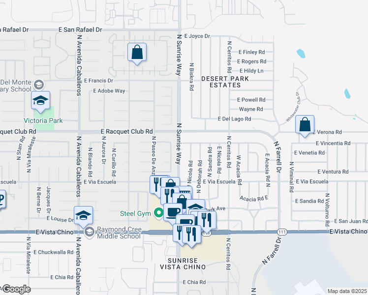 map of restaurants, bars, coffee shops, grocery stores, and more near 2315 East Nicola Road in Palm Springs