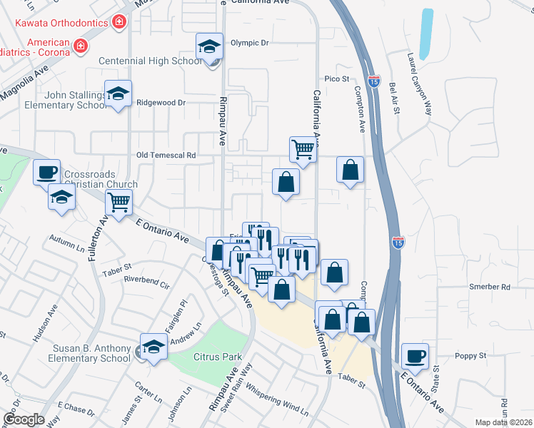 map of restaurants, bars, coffee shops, grocery stores, and more near 2139 Aberdeen Drive in Corona
