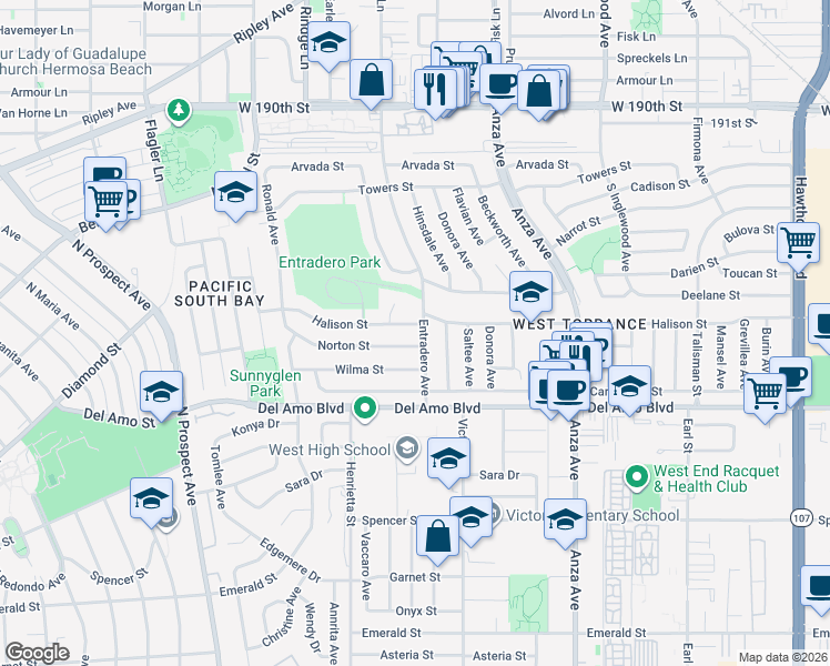 map of restaurants, bars, coffee shops, grocery stores, and more near 20004 Entradero Avenue in Torrance