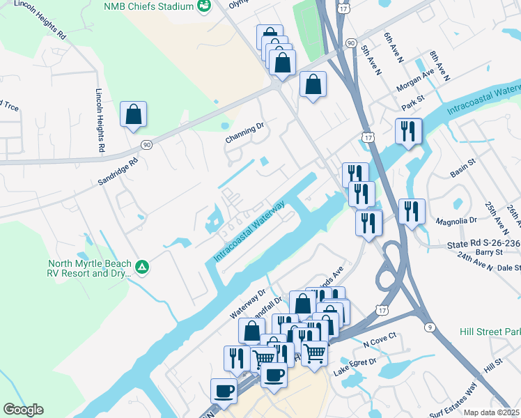map of restaurants, bars, coffee shops, grocery stores, and more near 4530 North Plantation Harbour Drive in Little River