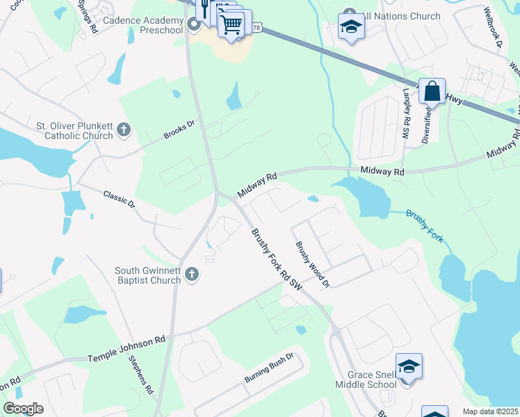 map of restaurants, bars, coffee shops, grocery stores, and more near 3390 Rozena Way in Loganville