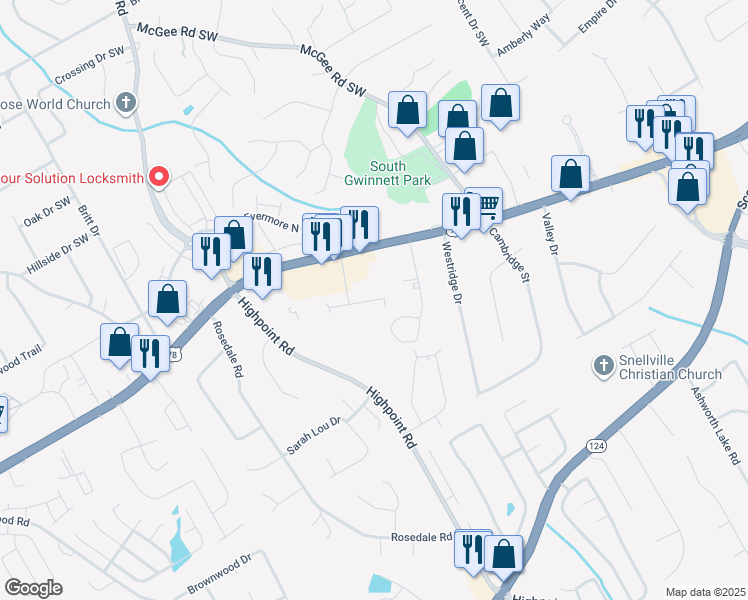 map of restaurants, bars, coffee shops, grocery stores, and more near 3042 Destin Circle in Snellville