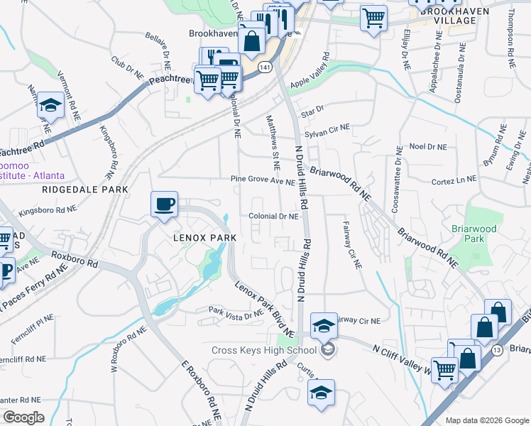 map of restaurants, bars, coffee shops, grocery stores, and more near 2328 Valley Brook Way in Atlanta