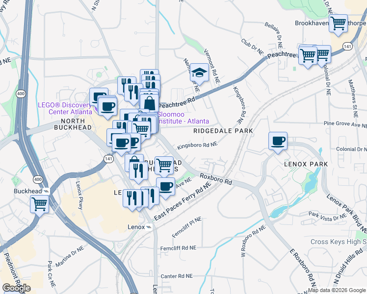 map of restaurants, bars, coffee shops, grocery stores, and more near 3511 Roxboro Road Northeast in Atlanta