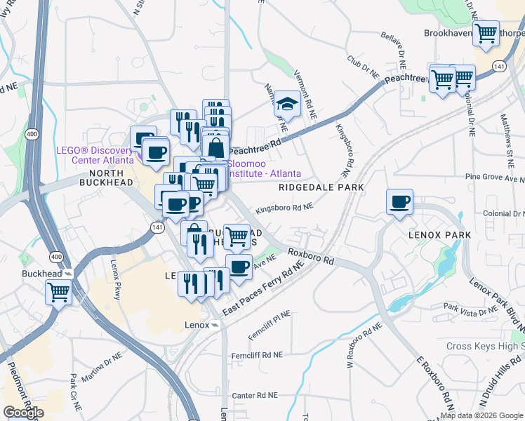 map of restaurants, bars, coffee shops, grocery stores, and more near 3511 Roxboro Road Northeast in Atlanta