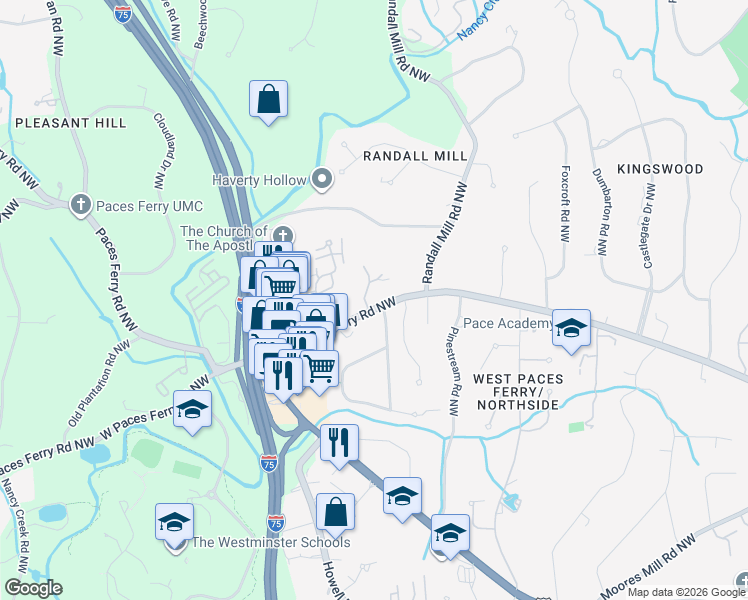 map of restaurants, bars, coffee shops, grocery stores, and more near 3211 West Paces Park Court Northwest in Atlanta