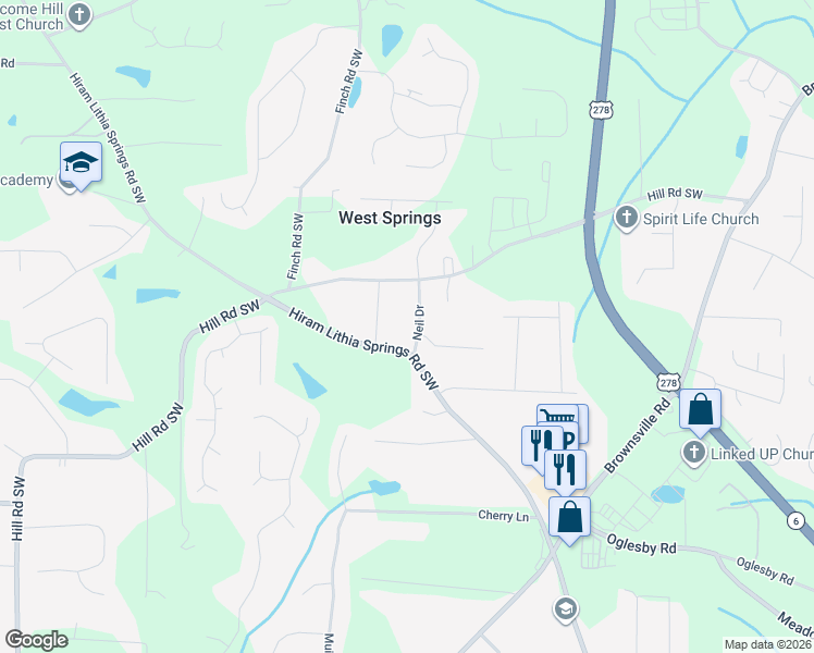 map of restaurants, bars, coffee shops, grocery stores, and more near 4246 Neil Drive in Powder Springs