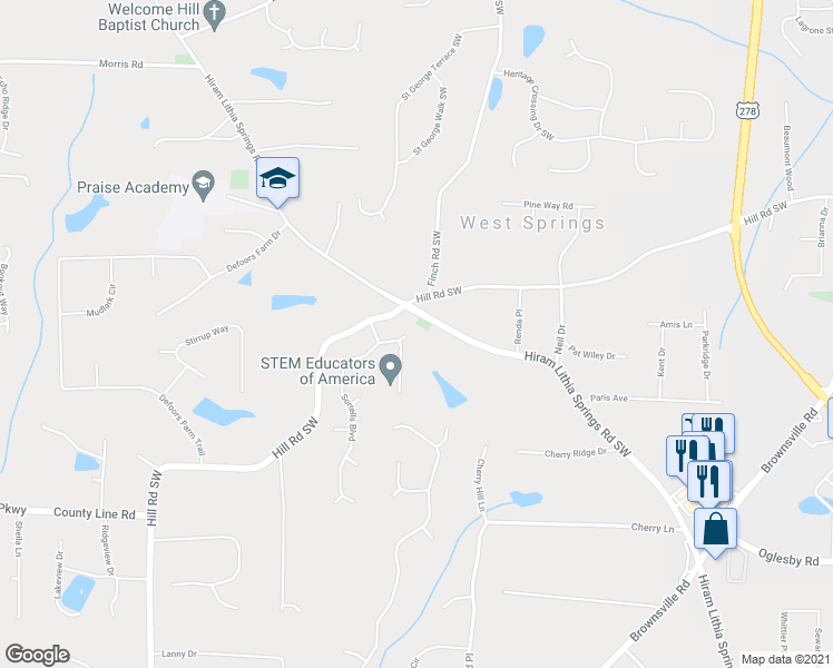 map of restaurants, bars, coffee shops, grocery stores, and more near 4211 Sorrells Boulevard in Powder Springs