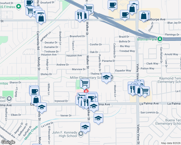 map of restaurants, bars, coffee shops, grocery stores, and more near 5505 Thelma Avenue in Buena Park
