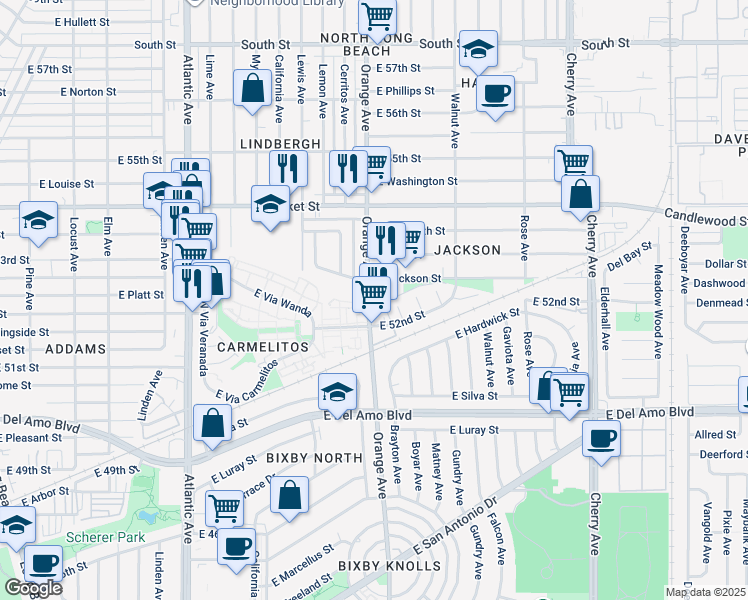 map of restaurants, bars, coffee shops, grocery stores, and more near 5250 Orange Avenue in Long Beach