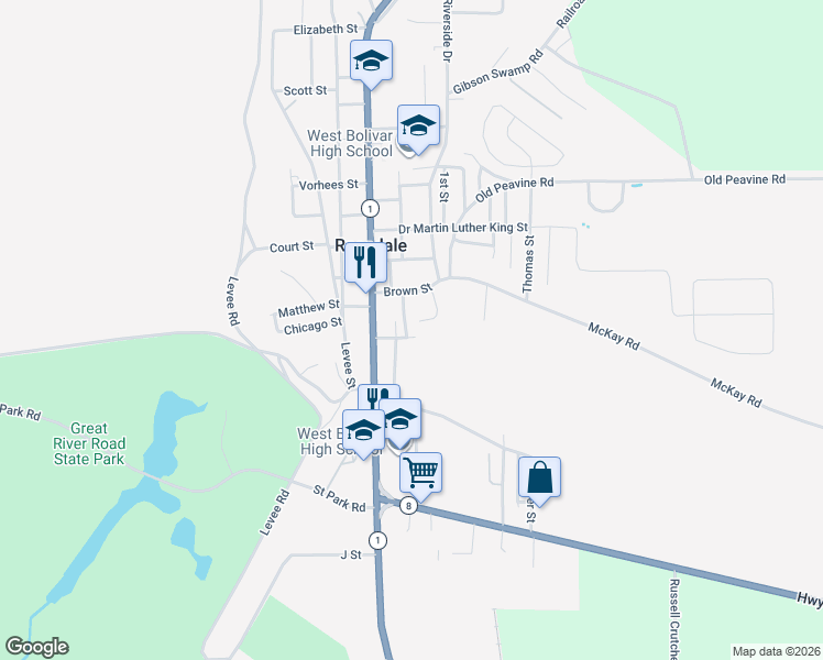 map of restaurants, bars, coffee shops, grocery stores, and more near Madison Street in Rosedale