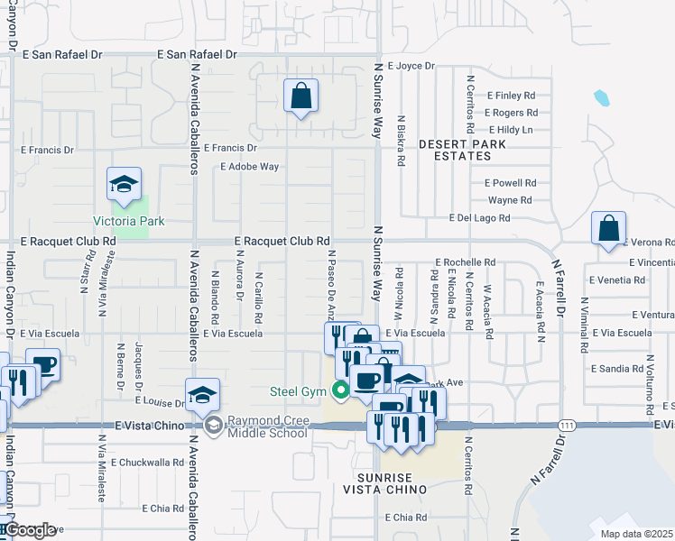 map of restaurants, bars, coffee shops, grocery stores, and more near 2340 North Paseo De Anza in Palm Springs