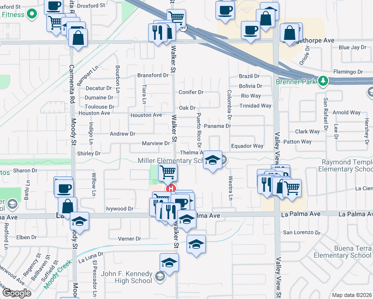 map of restaurants, bars, coffee shops, grocery stores, and more near 5532 Thelma Avenue in La Palma
