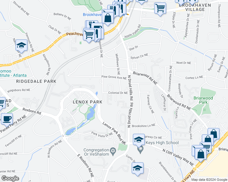map of restaurants, bars, coffee shops, grocery stores, and more near 2328 Valley Brook Way in Atlanta