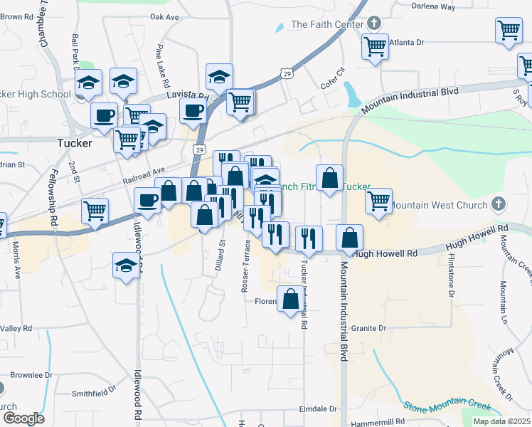 map of restaurants, bars, coffee shops, grocery stores, and more near Fuller Way in Tucker