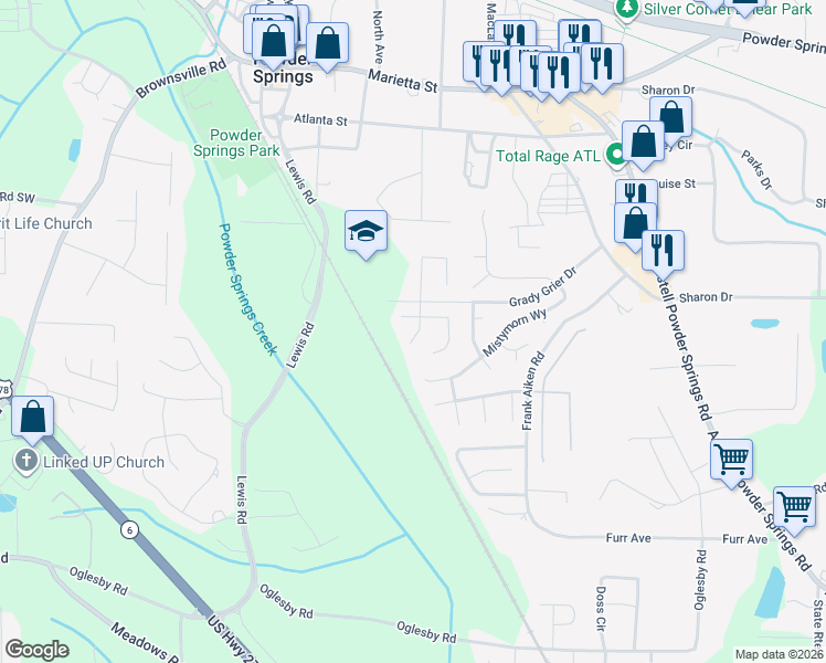 map of restaurants, bars, coffee shops, grocery stores, and more near 4206 New Towne Drive in Powder Springs
