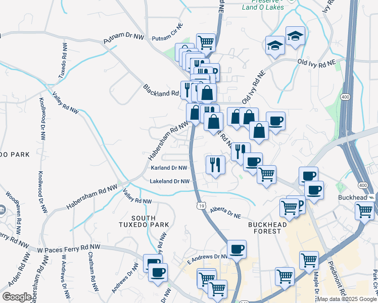 map of restaurants, bars, coffee shops, grocery stores, and more near 3518 Roswell Road in Atlanta