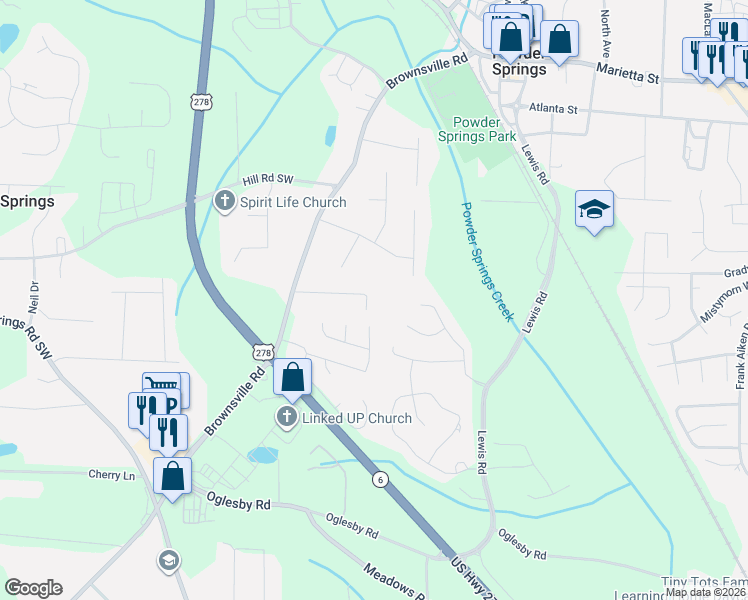 map of restaurants, bars, coffee shops, grocery stores, and more near 4735 Saddleridge Road in Powder Springs