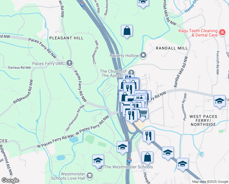 map of restaurants, bars, coffee shops, grocery stores, and more near 1401 Paces Ferry Road Northwest in Atlanta
