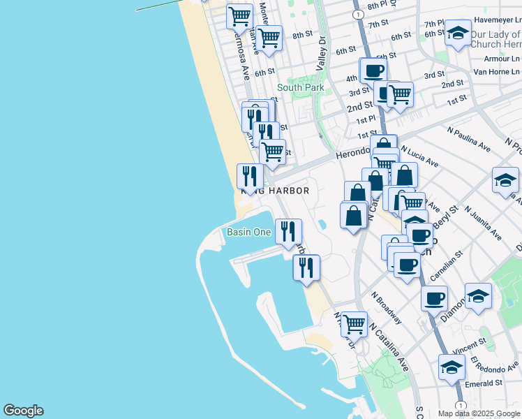 map of restaurants, bars, coffee shops, grocery stores, and more near 212 Yacht Club Way in Redondo Beach