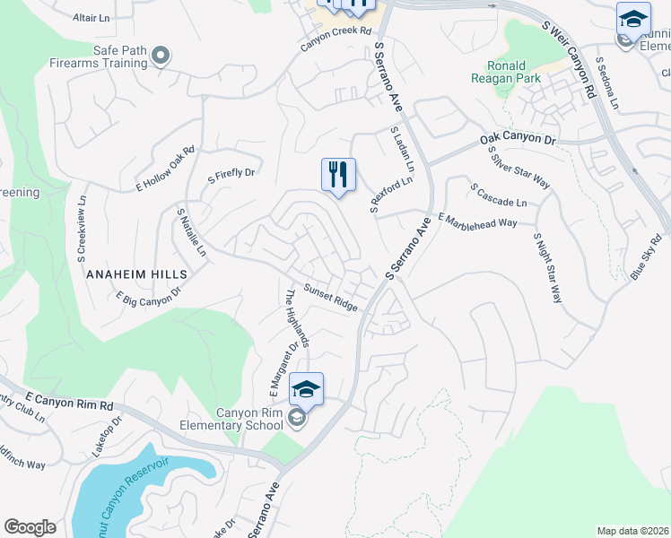 map of restaurants, bars, coffee shops, grocery stores, and more near 1153 South Positano Avenue in Anaheim