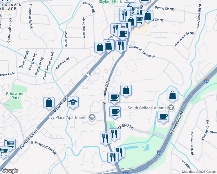 map of restaurants, bars, coffee shops, grocery stores, and more near 3160 Anstey Lane in Atlanta