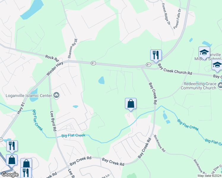 map of restaurants, bars, coffee shops, grocery stores, and more near Lake Vista Drive in Loganville