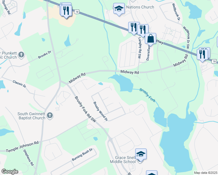 map of restaurants, bars, coffee shops, grocery stores, and more near 3455 Brushy Wood Drive in Loganville