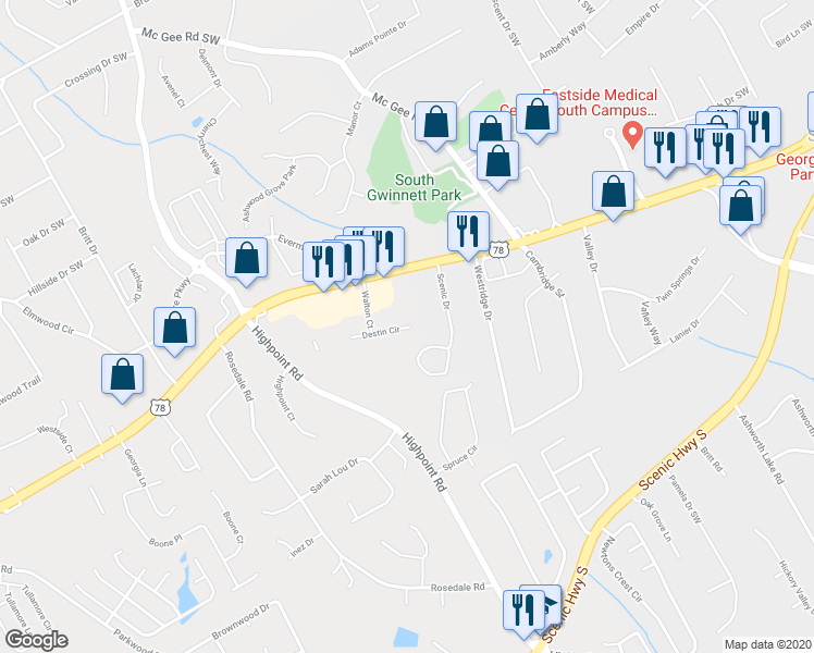 map of restaurants, bars, coffee shops, grocery stores, and more near 3039 Destin Circle in Snellville