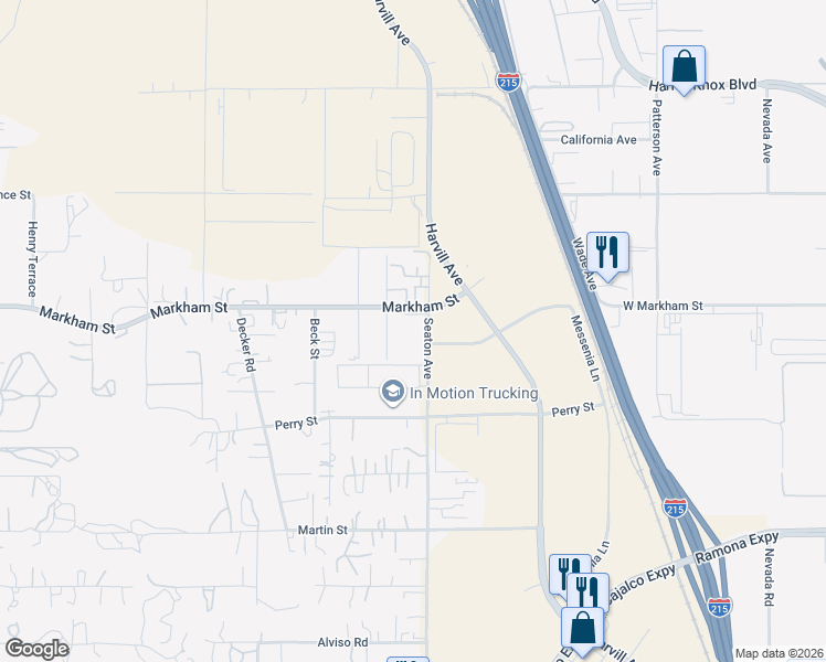 map of restaurants, bars, coffee shops, grocery stores, and more near 22985 Markham Street in Perris