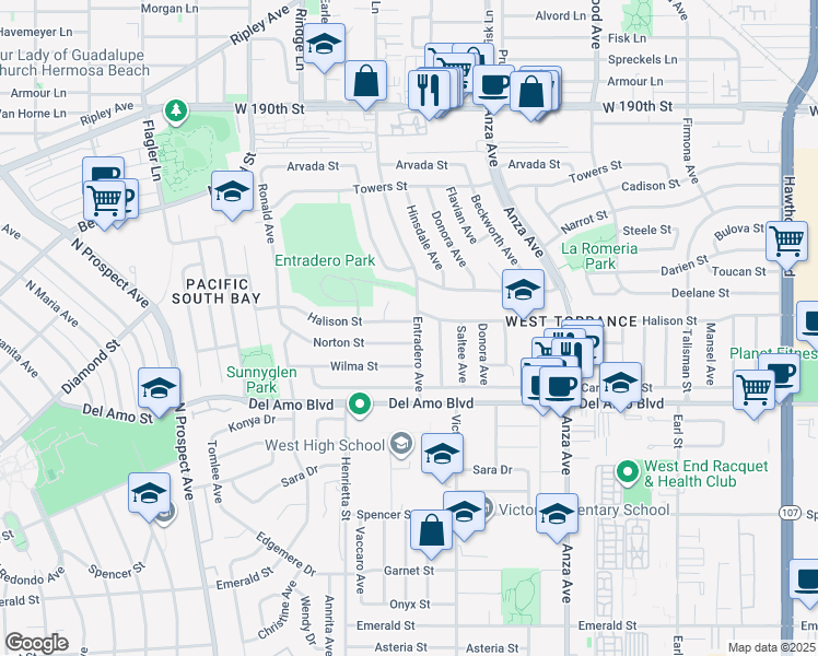 map of restaurants, bars, coffee shops, grocery stores, and more near 20004 Entradero Avenue in Torrance
