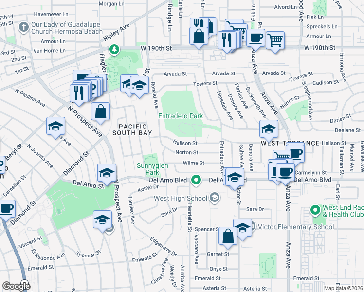 map of restaurants, bars, coffee shops, grocery stores, and more near 5522 Norton Street in Torrance