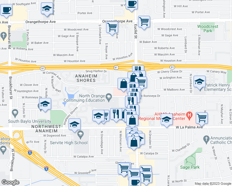 map of restaurants, bars, coffee shops, grocery stores, and more near 1771 West Romneya Drive in Anaheim