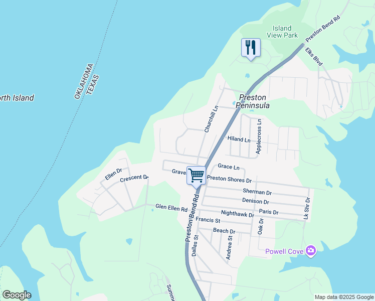 map of restaurants, bars, coffee shops, grocery stores, and more near 124 Graves Circle in Pottsboro