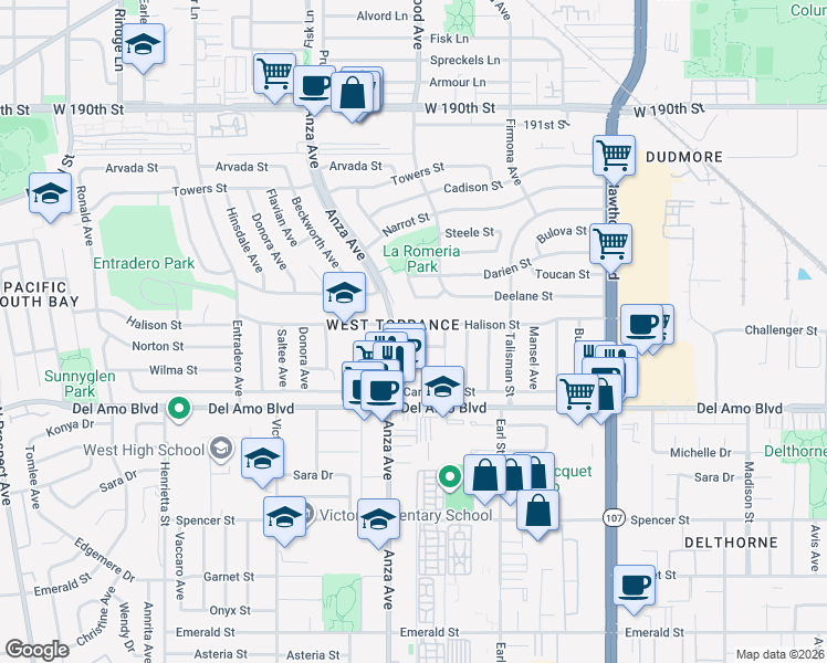 map of restaurants, bars, coffee shops, grocery stores, and more near 4914 Halison Street in Torrance