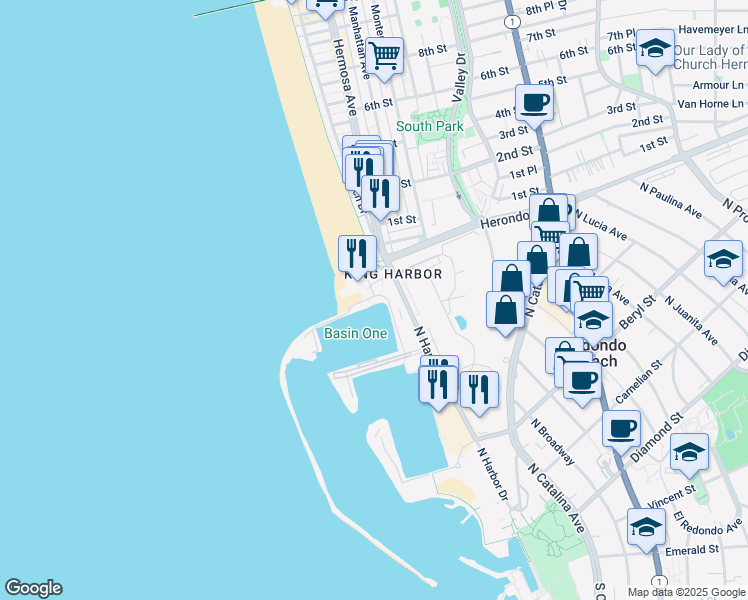 map of restaurants, bars, coffee shops, grocery stores, and more near 212 Yacht Club Way in Redondo Beach