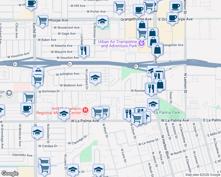 map of restaurants, bars, coffee shops, grocery stores, and more near 1200 North Robin Street in Anaheim